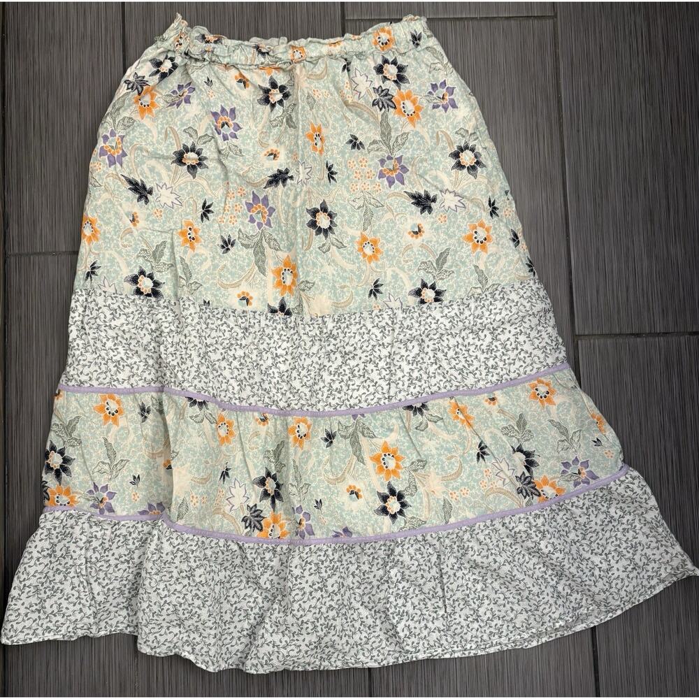 Per Una Floral Midi Tiered Maxi Skirt Sea Green/White Cotton Size 10